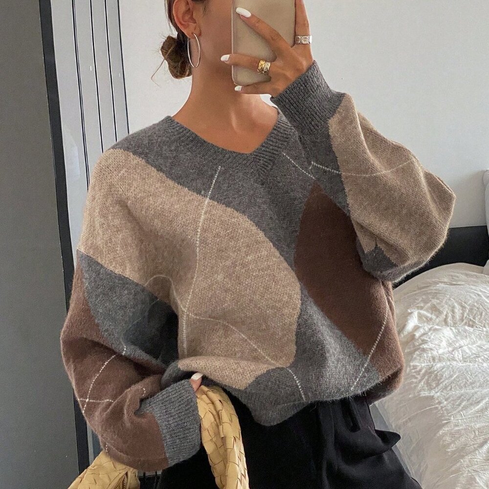 Brown Casual Women's Plaid Loose Long Sleeve Crew Neck Sweater